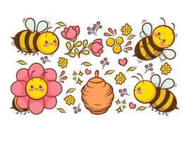 Collection of cute bees with flowers honey and hive vector