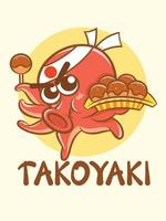 un lindo chef de pulpo sosteniendo comida takoyaki. logotipo de personaje de dibujos animados y concepto de ilustración de mascota. vector