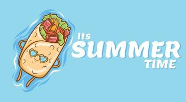 lindos kebabs flotando, relájate con una pancarta de saludo de verano vector