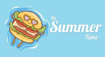 cute burger floating relax with a summer greeting banner vector