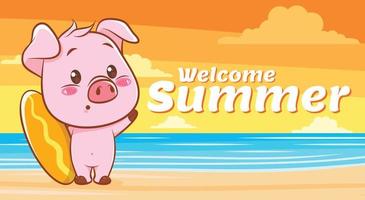 cute pig with a summer greeting banner. vector