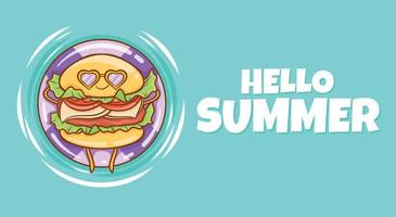 cute burger floating relax with a summer greeting banner vector