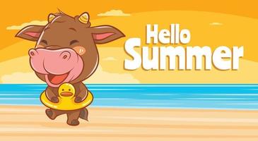 cute cow with a summer greeting banner. vector