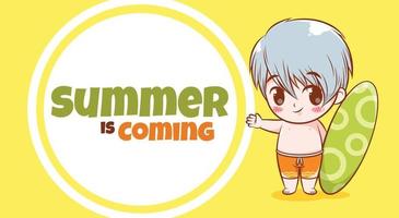 cute boy with a summer greeting banner.