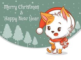 Lindo personaje de dibujos animados de gato con pancarta de saludo de feliz navidad y feliz año nuevo. vector