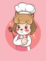 Cocinero lindo del perro femenino que sostiene una batidora de mano. concepto de chef de panadería. personaje de dibujos animados e ilustración de mascota. vector