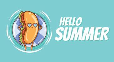 cute hot dog floating relax with a summer greeting banner vector