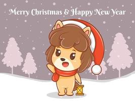 Lindo personaje de dibujos animados de cachorro con feliz navidad y feliz año nuevo saludo banner. vector