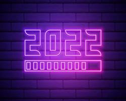 2022 neon signboard. Happy New Year. Realistic pink neon numbers on dark brick wall. Vector 2022 in neon linear style