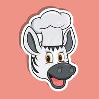 Pegatina de cara de animal con cebra con gorro de cocinero. diseño de personaje. vector