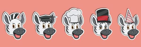 Head Zebra Animal Sticker Set. Graduation, Chef, Magician and Party hat. Perfect for stickers, logo, greeting card and invitation. vector