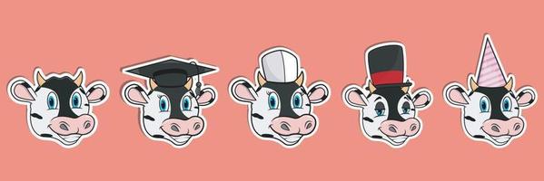 Conjunto de pegatinas de animales de cabeza de vaca. graduación, chef, mago y gorro de fiesta. perfecto para pegatinas, logotipos, tarjetas de felicitación e invitaciones. vector