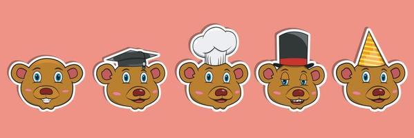 Head Bear Animal Sticker Set. Graduation, Chef, Magician and Party hat. Perfect for stickers, logo, greeting card and invitation. vector