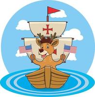 Happy Columbus Day America With Cute Deer and Ship in Sea vector