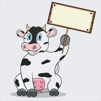 vaca de personaje traer pancarta de madera en blanco vector