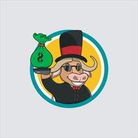 Rich Cartoon Buffalo Head Circle Label With Bring Money vector