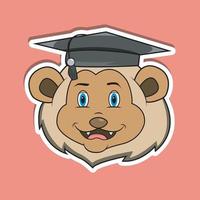 Animal Face Sticker With Lion Wearing Graduate Hat. Character Design. vector