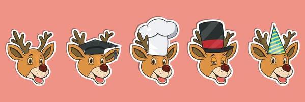 Head Deer Animal Sticker Set. Graduation, Chef, Magician and Party hat. Perfect for stickers, logo, greeting card and invitation. vector