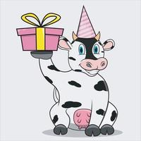 Personaje de vaca con regalo rosa para fiesta de cumpleaños. vector