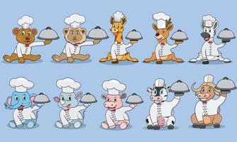 personaje de diez animales con comida y ropa personalizada de chef vector