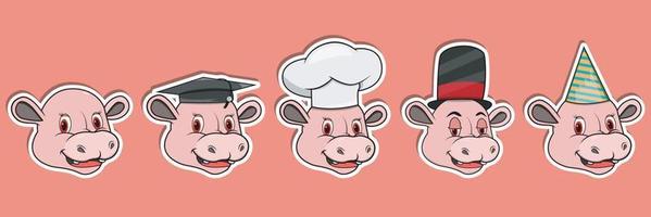 Head Hippopotamus Animal Sticker Set. Graduation, Chef, Magician and Party hat. Perfect for stickers, logo, greeting card and invitation. vector