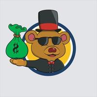 Rich Cartoon Bear Head Circle Label With Bring Money vector