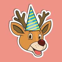 Pegatina de cara de animal con ciervo con sombrero de fiesta. diseño de personaje. vector
