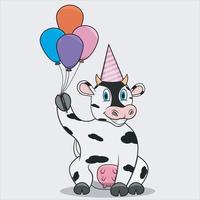 personaje de vaca con traer globos vector