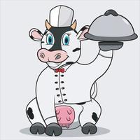 Personaje de vaca con chef personalizado y traer comida. vector