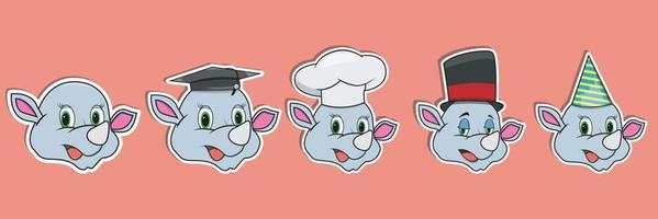 Head Rhinoceros Animal Sticker Set. Graduation, Chef, Magician and Party hat. Perfect for stickers, logo, greeting card and invitation. vector