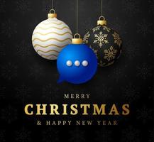 chat tarjeta de navidad. feliz navidad hablar hablar tarjeta de felicitación. cuelga de un hilo azul burbuja de chat como adorno de bola de Navidad sobre fondo negro. ilustración vectorial de comunicación. vector