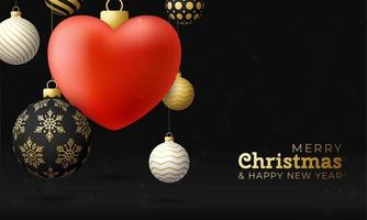 tarjeta de corazón de amor de Navidad. feliz navidad hermosa tarjeta de felicitación. colgar de un hilo rojo corazón como una bola de Navidad y chuchería sobre fondo horizontal. ilustración vectorial romántica. vector