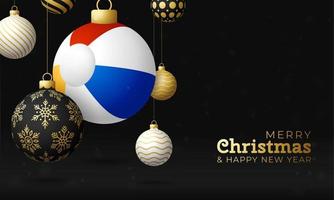 tarjeta de navidad de pelota de playa. feliz navidad vacaciones relajarse tarjeta de felicitación soleada. colgar de una pelota de playa de hilo como una bola de Navidad y adorno dorado sobre fondo negro. Ilustración de vector de deporte.