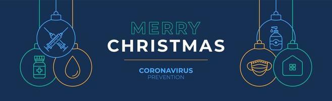 Christmas coronavirus vaccination and prevention ball banner. Christmas events and holidays during a pandemic Vector illustration. Covid-19 prevention safe christmas concept.