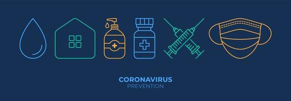 conjunto de protección contra coronavirus. prevención de la nueva epidemia 2019-ncov conjunto de iconos para infografía o sitio web. seguridad, salud, remedios y prevención. mascarilla, vacuna, casa, botella vector
