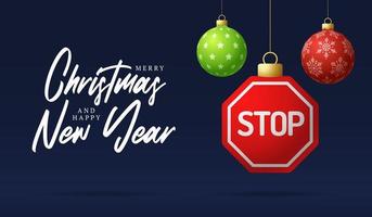 Stop sign Christmas card. Merry Christmas traffic greeting card. Hang on a thread road stop sign as a xmas ball and golden bauble on black background. Sport Vector illustration.