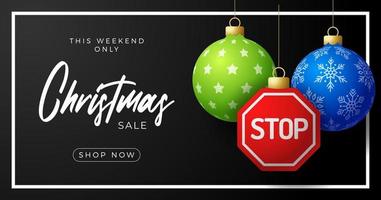 Christmas stop sign sale card. Merry Christmas road sign greeting card. Hang on a thread stop as a xmas ball and bauble on horizontal background. Sport Vector illustration.