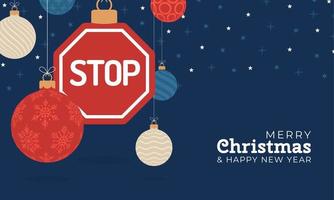 tarjeta de señal de stop de carretera de Navidad. Feliz Navidad tarjeta de felicitación de la carretera. colgar de una señal de stop de hilo como una bola de Navidad y adorno sobre fondo horizontal. Ilustración de vector de deporte.