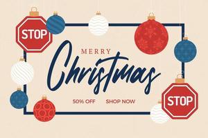 Tarjeta de venta de señal de stop de carretera de Navidad. Feliz Navidad tarjeta de felicitación de la carretera. colgar de una señal de stop de hilo como una bola de Navidad y adorno sobre fondo horizontal. Ilustración de vector de deporte.