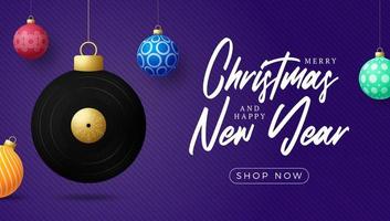musical vinyl record Christmas card. Merry Christmas music greeting card. Hang on a thread vinyl record as a xmas ball and golden bauble on black background. musical Vector illustration.