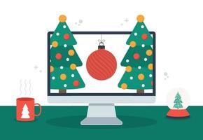 Online christmas concept. Computer with Merry Christmas and Happy New Year tree and ball on the screen and decorate with cup and magic snow ball flat vector illustration