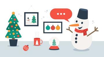 Snowman illustration with red chat speech bubble. Cute snowman rise hand and saying something. Office desk on background. Christmas red scarf and mittens. Speech bubble or call-out message template vector