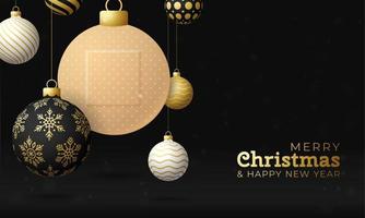 Banner de bola de coronavirus de Navidad saludable y feliz año nuevo. concepto creativo eventos navideños y días festivos durante una pandemia con ilustración de vector de yeso médico cruzado. prevención de covid-19