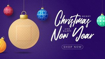 Healthy Christmas and happy new year coronavirus ball banner. Creative concept Christmas events and holidays during a pandemic with cross medical plaster Vector illustration. Covid-19 prevention