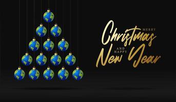 planet earth Christmas and new year greeting card bauble tree. Creative Xmas tree made by world earth on black background for Christmas and New Year celebration. planet greeting card vector
