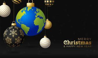 planet earth Christmas ball card. Merry Christmas world greeting card. Hang on a thread earth planet as a xmas ball bauble on black background. world Vector illustration.