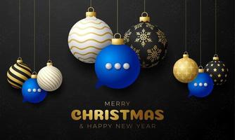 Chat Christmas card. Merry Christmas talk speak greeting card. Hang on a thread blue chat bubble as a xmas ball bauble on black background. Communication Vector illustration.