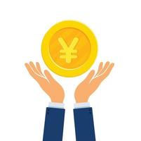 hand holding Yen gold coin. vector illustration