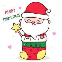 Cute dibujos animados gnomo santa calus con calcetín navideño con estrella mágica vector