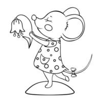 Cute mouse in a dress dancing with a flower. vector
